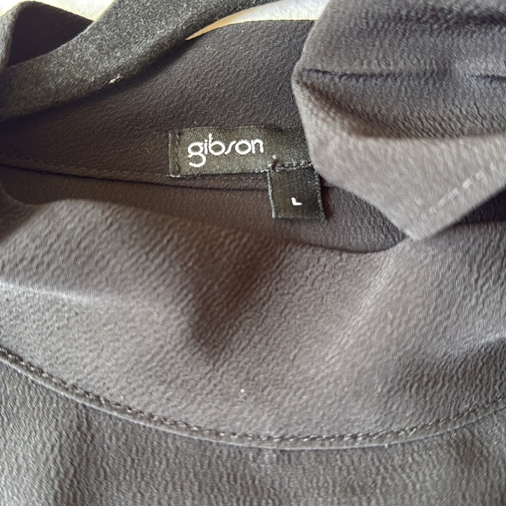 Gibson satin like blouse with bow detail at mock neck - Picture 2 of 7